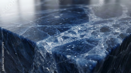 Deep blue stone surface with intricate crystalline veins and glossy finish
