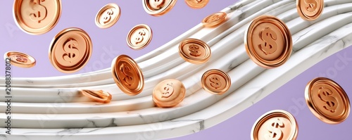Rose gold dollar coins floating over marble wave in abstract 3D finance background