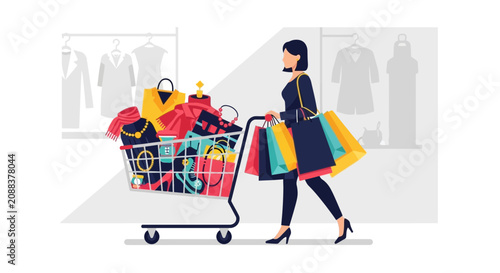 Woman pushing shopping cart with colorful plush toys in store.