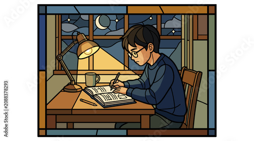 Focused Student Writing Notes by Desk with Lamp and Coffee Mug in Cozy Study Room Vector Illustration studying notebook reading