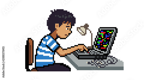 Focused Young Boy Using Laptop with Colorful Screen in Pixel Art Style Vector Illustration coding concentration computer work study digital