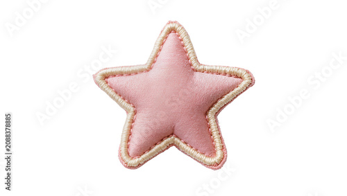 Pink fabric star patch with cream stitching, isolated on transparent background