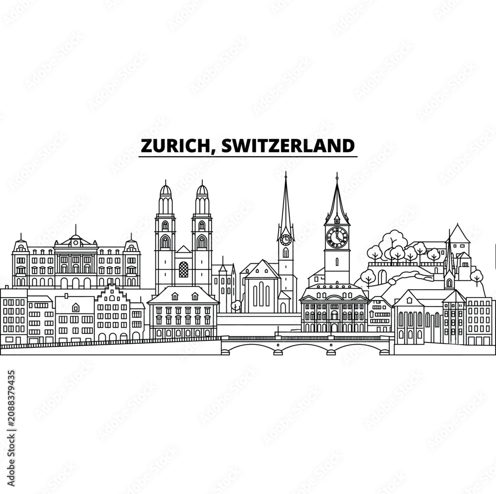 Fototapeta premium Zurich city skyline illustration in black and white with iconic buildings and bridges during daytime