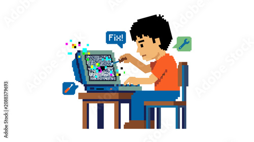 Frustrated Young Man Troubleshooting Computer Glitches with Fix Speech Bubble in Pixel Art Style Vector Illustration frustration tech error digital