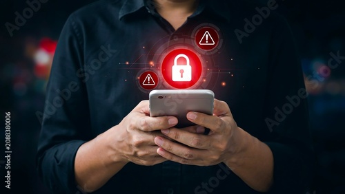 Person using smartphone with digital cybersecurity protection and data privacy concept