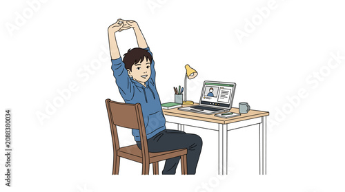 Happy Young Student Stretching Arms During Online Class Break Vector Illustration of Home Learning Relaxation education child digital lines artwork