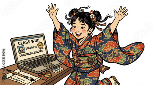 Jubilant Young Student in Traditional Kimono Celebrating Class Victory with Laptop Showing Win Notification celebration girl success lines digital vector
