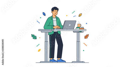 Professional Man Working on Laptop at Modern Standing Desk with Coffee and Books in Bright Office Environment focused digital lines