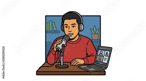 Professional Podcaster Recording Remote Online Interview with Headphones and Laptop Setup Flat Vector Illustration microphone streaming broadcasting lines clean design