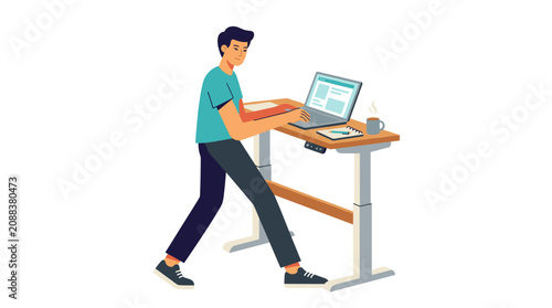 Professional using standing desk with laptop for ergonomic home office workspace working tracing lines digital illustration vector flat design artwork