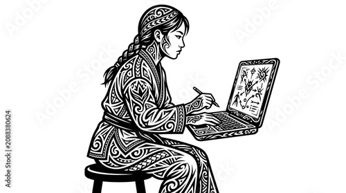 Professional Woman Analyzing Data on Laptop with Digital Chart and Graphs in Modern Vector Illustration Style analysis tracing lines business