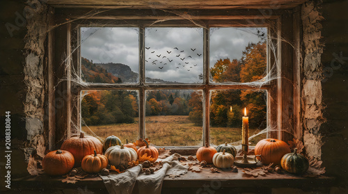 Happy halloween autumn scene pumpkins cobwebs and birds flying by a rustic window