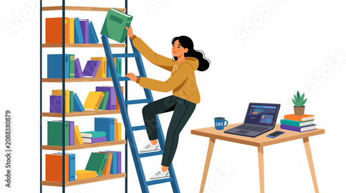 Professional Woman Reaching for Books on Ladder in Modern Library Office Setting with Laptop and Coffee Mug reading study work