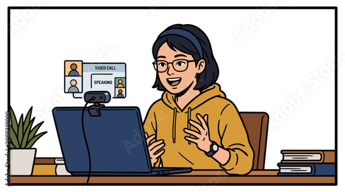 Professional Woman Engaged in Video Conference Call with Webcam and Laptop in Modern Home Office Setup communication lines digital vector