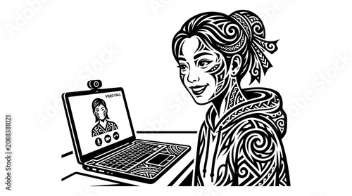 Professional Woman Engaged in Video Call with Modern Laptop Vector Illustration with Intricate Tribal Designs digital lines smiling business communication