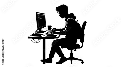 Professional Woman Working at Modern Office Desk with Computer and Coffee Mug Vector Illustration silhouette focused chair geometric flat design