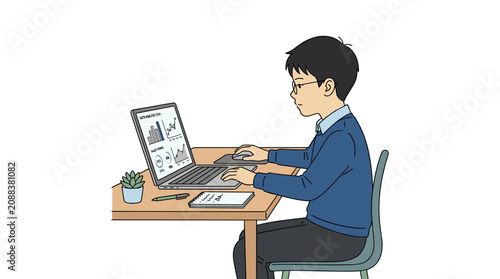 Professional Young Man Analyzing Business Data on Laptop in Modern Office Setting Vector Illustration graph work desk chart digital flat