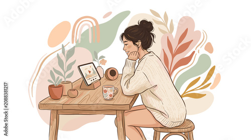 Relaxed Woman Working Remotely with Coffee and Tablet in Cozy Home Office Setup Vector Illustration remote homeoffice digital creative lines