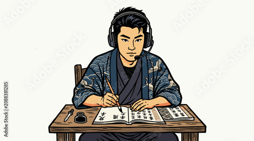 Focused Samurai Scholar Studying with Brush Pen and Headphones in Minimalist Vector Illustration Style writing reading focus concentration tracing lines