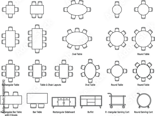 table and chair plan symbol set. architectural 2d cad top view furniture legend, dining, meeting and conference table blocks for floor plans, seating layouts and space planning. editable vector