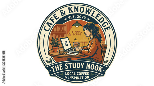 Illustrated Vector Logo Design of Woman Studying in Cozy Coffee Shop Modern Flat Design Artwork for Cafe and Knowledge Branding