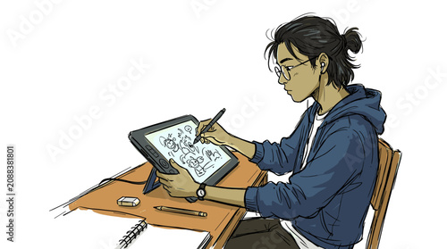 Focused Young Artist Using Digital Stylus to Sketch on Tablet with Creative Diagram Design sketching drawing tracing lines clean digitalillustration