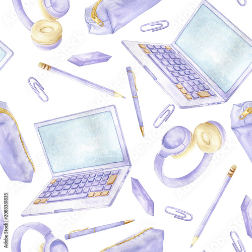 Seamless pattern with watercolor illustration study laptops, headphones and stationery. Modern aesthetic design in soft purple tones for digital nomad projects, student planners and tech decor