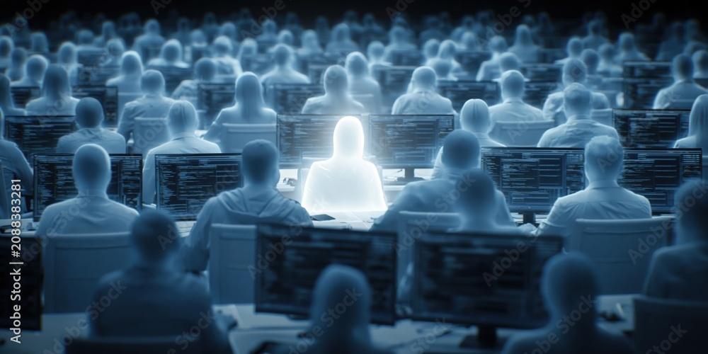 Fototapeta premium Illuminated Individual Standing Out Among a Crowd of Silhouetted Figures Working on Computers