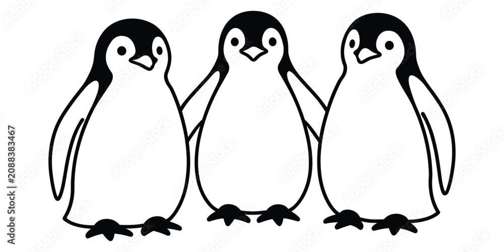 Obraz premium Three Cute Cartoon Penguins Standing Together on a White Background illustration
