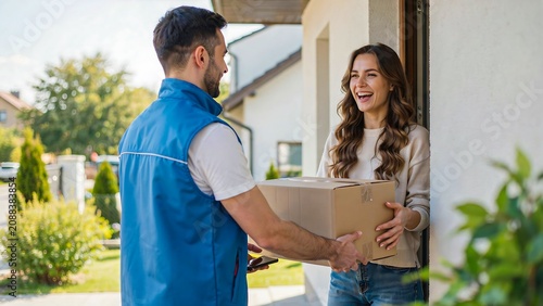 Happy delivery worker handing package to smiling woman at modern home entrance