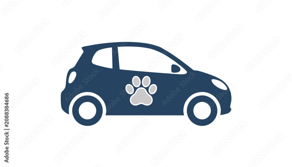 Fototapeta premium Compact urban vehicle displays prominent paw print graphic decal on driver side door representing pet friendly transportation and animal care services.