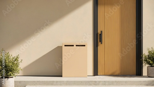 Modern home entrance with delivery package beside front door