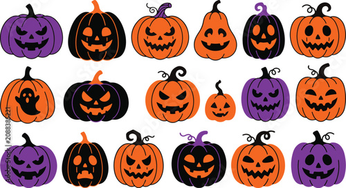 Festive halloween jack o' lantern collection orange purple and black pumpkin faces for autumn celebrations