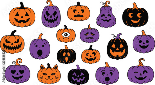 Festive halloween pumpkins and black cat collection vector illustration for seasonal decorations and spooky designs