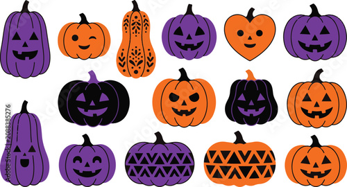 Festive halloween pumpkins collection jack o' lanterns gourd shapes and autumn decor elements for seasonal designs