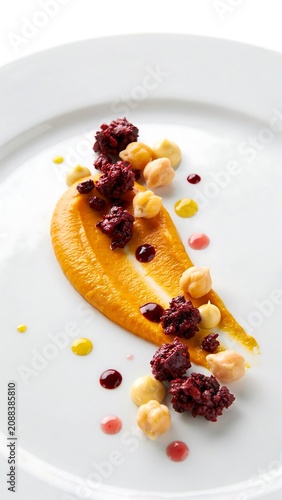 Elegant gourmet dessert with orange puree berry crumble and cream garnish