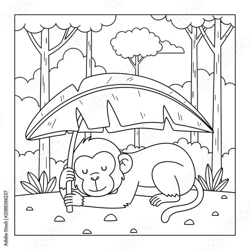 Photography Sleepy monkey resting beneath a giant leaf umbrella in the forest coloring page