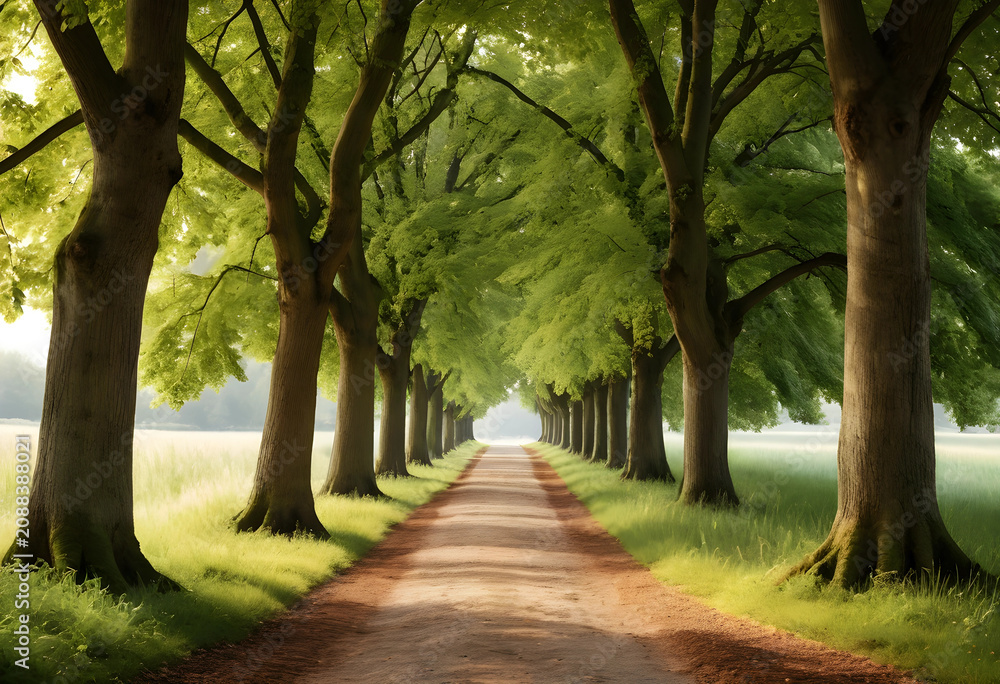 Naklejka premium Tree-lined path with mature chestnut trees in natural light