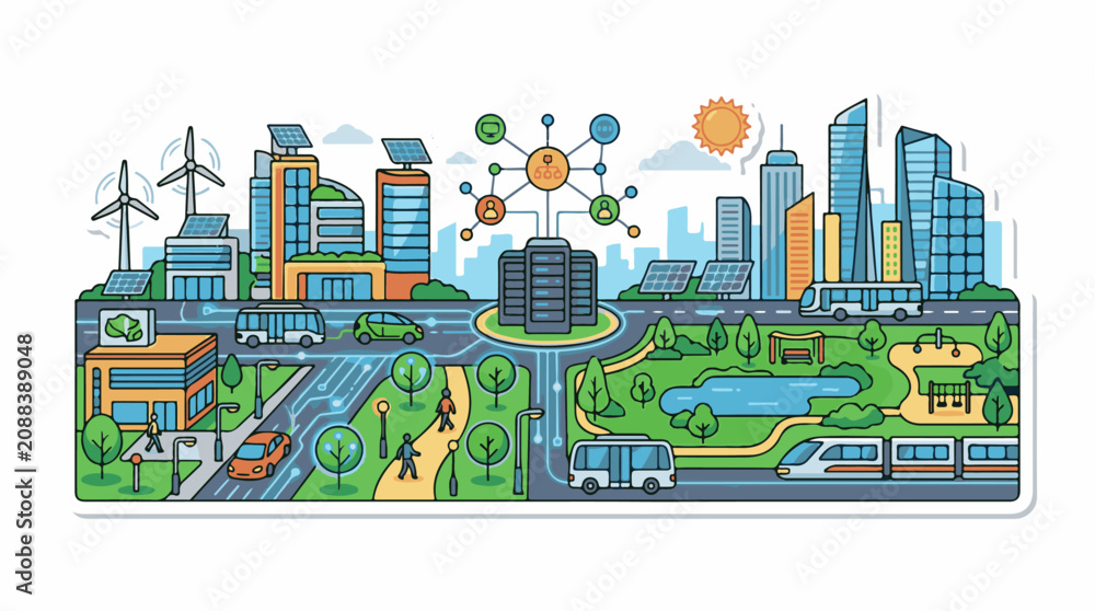 Obraz premium Smart city with renewable energy transport and digital network