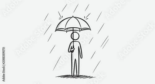 A simple hand drawn stick figure standing under an umbrella during a rainstorm.