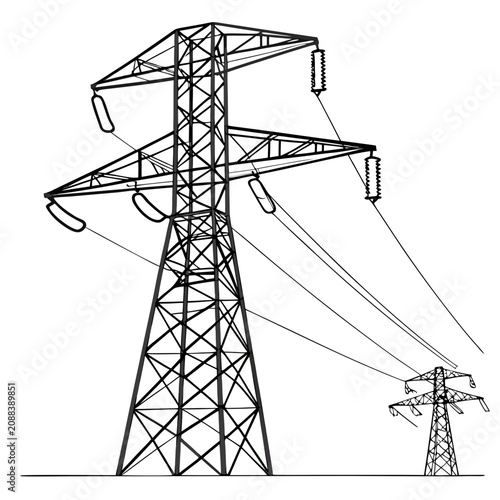 Quadro su tela Black and white line of a large metal electricity pylon with voltage power lines