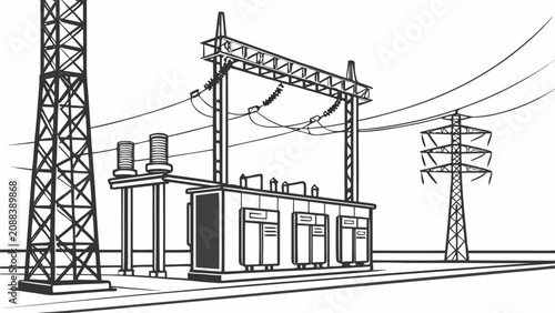 Cuadro en lienzo Black and white line of an electrical substation with a transformer, metal pylon