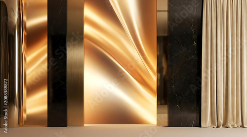 Elegant abstract gold and black interior design elements with soft lighting