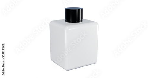 White glass perfume cosmetics bottle with black cap in a transparent background