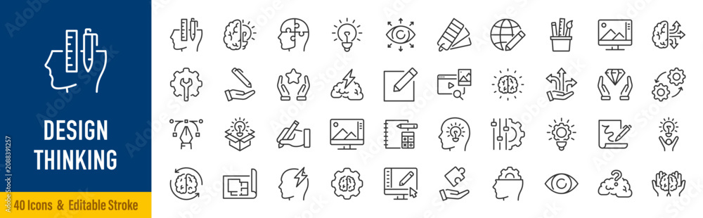Fototapeta premium Design Thinking line icons in editable stroke style. Innovation, UX design, brainstorming, user research, prototyping, problem solving, product development collection. Editable stroke. Vector