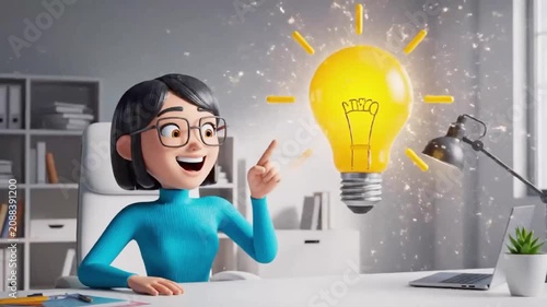 Stylized 3D cartoon animation of an original character thinking deeply before discovering a brilliant idea. Floating abstract elements transform into a glowing light bulb, symbolizing creativity, inno