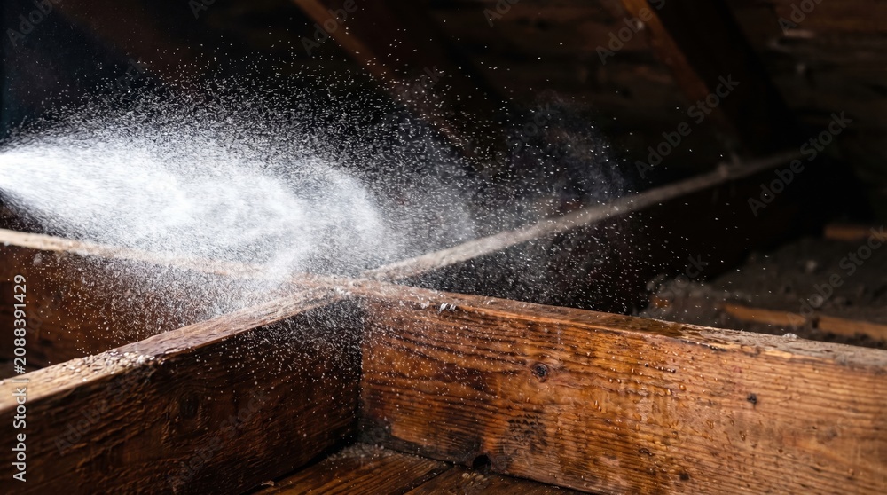 Obraz premium Fine mist sprayed onto wooden attic beams. Depicts home maintenance or insulation process in a dark space. Ideal for construction or renovation content.