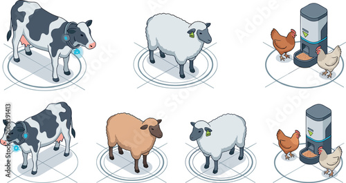 Canvastavla Smart farm isometric vector icons set with digital cows sheep chickens automatic