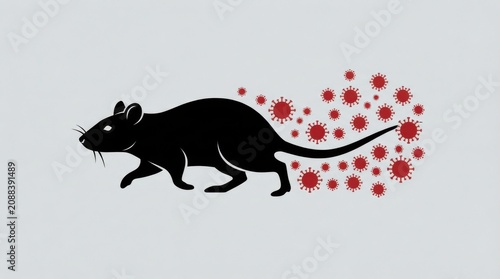Black silhouette of a rat spreading red virus icons behind it
