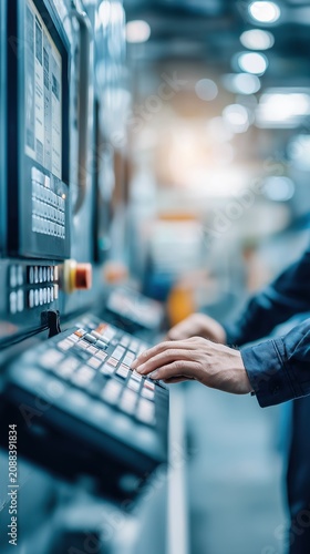 Faceless machine operator adjusting digital control panel in modern manufacturing facility, hands on buttons and display, bright professional lighting, advanced industrial equipment